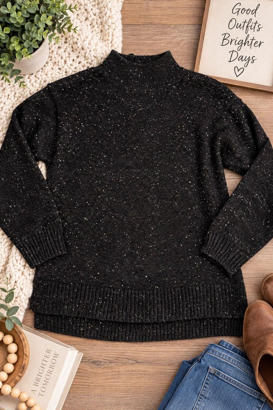 Women’s Large Black Speckled Mock Neck Knit Sweater Pullover